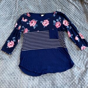 Discreet Navy and Pink Floral Long Sleeve Top